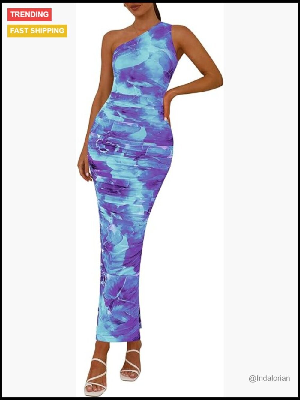 One Shoulder Mesh Bodycon Maxi Dress Ruched Cocktail Party